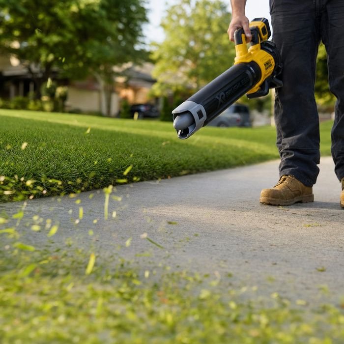 Leaf blower clearing grass clippings